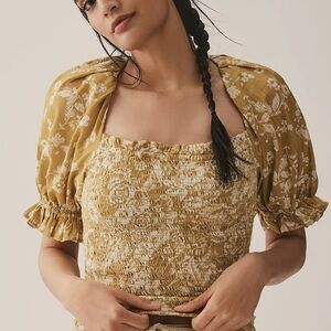 Anthropologie Yellow Smocked Puff Sleeve Blouse